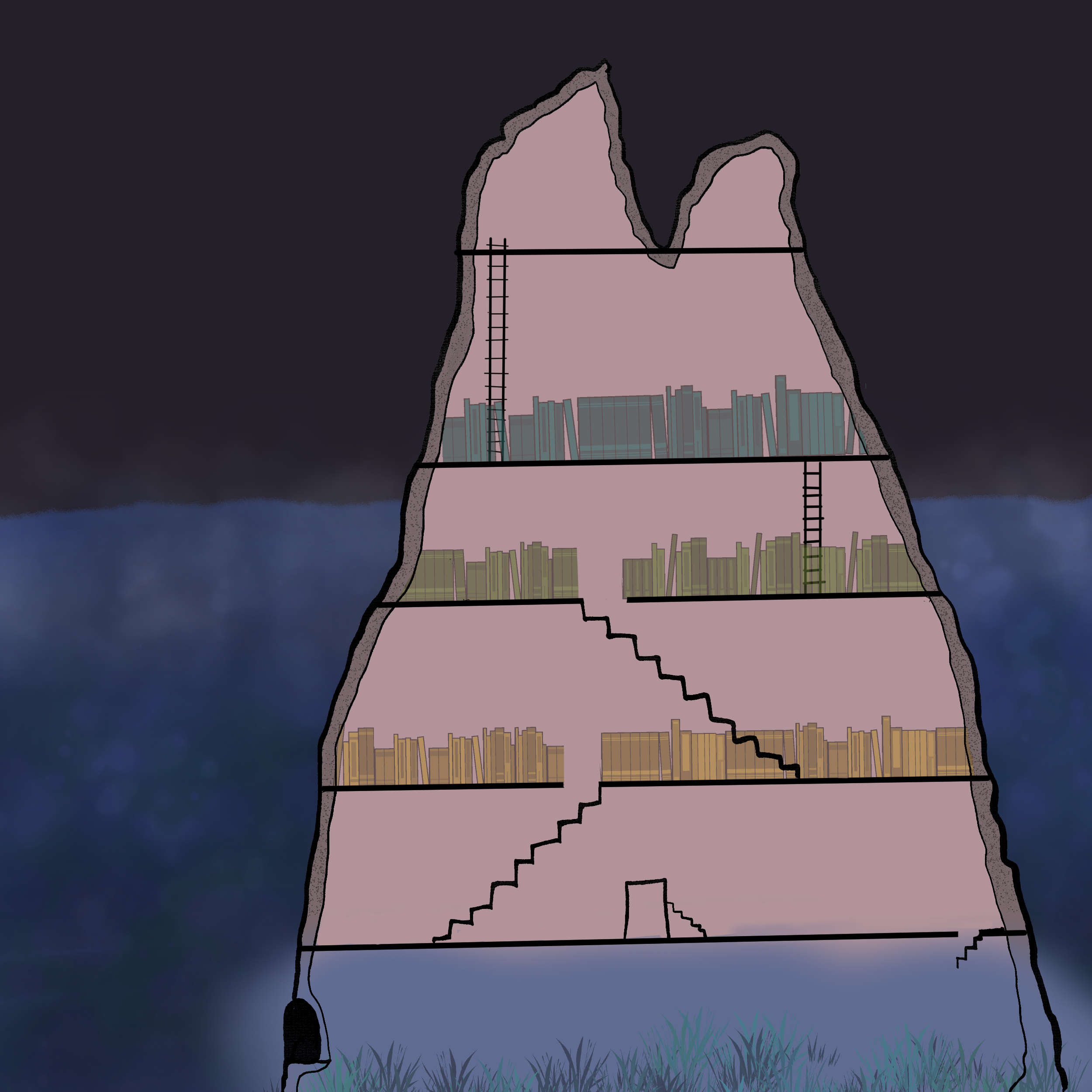 Layer map of a library carved into an underwater stalagmite.