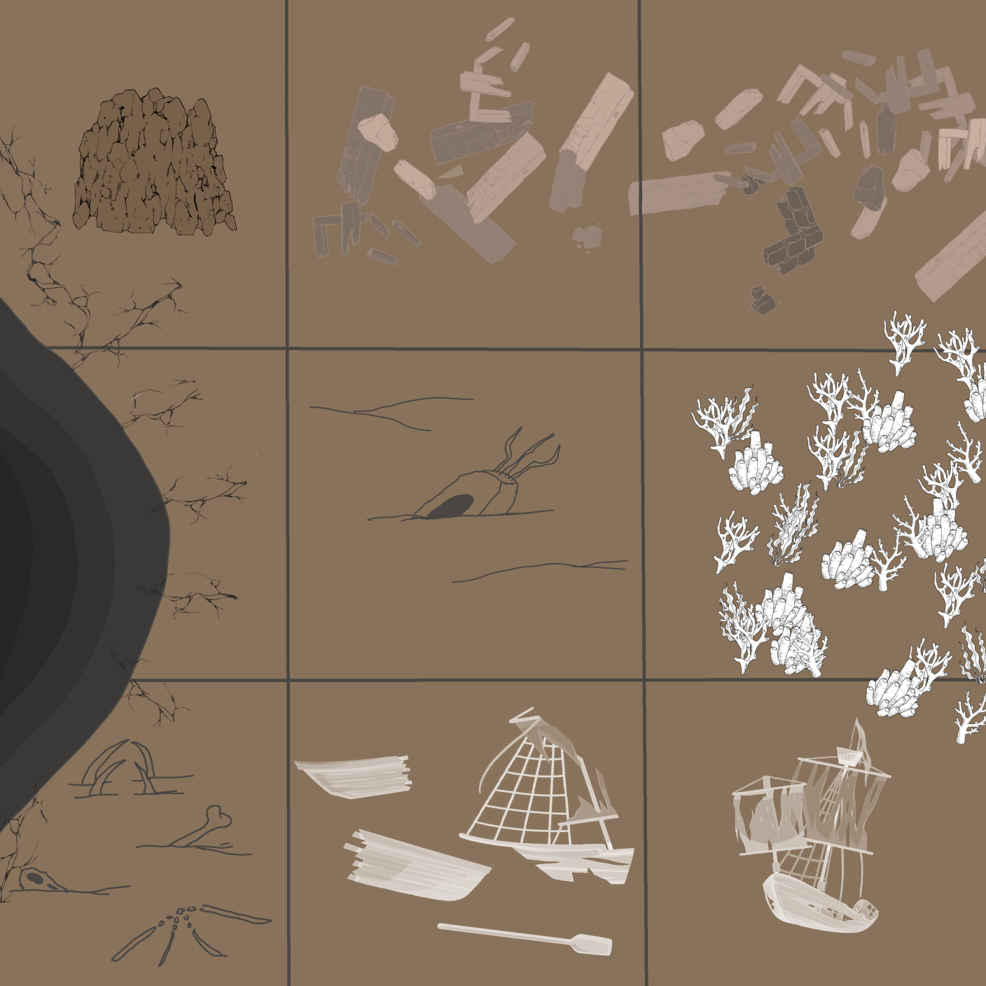 Exploration grid map of a sunken island city