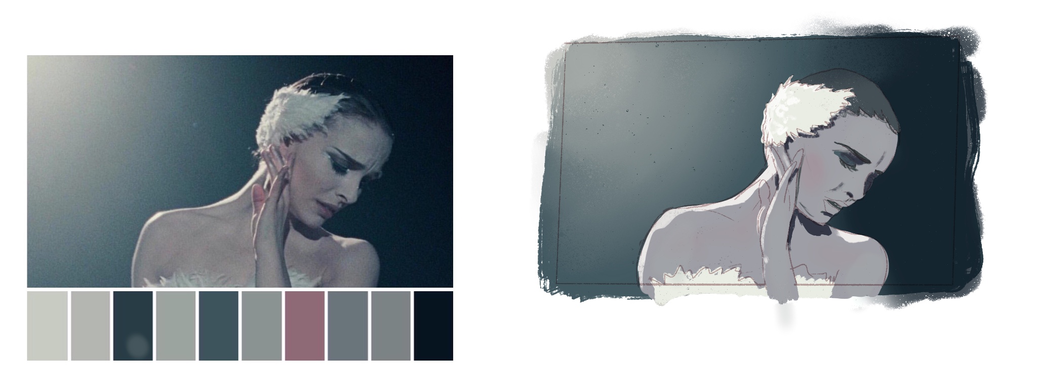 A screenshot from the movie Black Swan next to a digital painting copy.