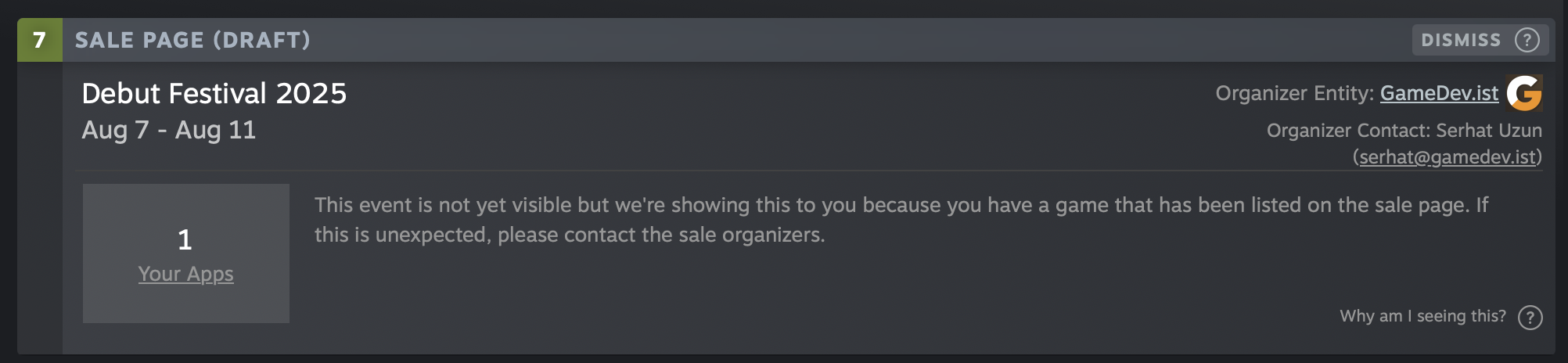 Steam screenshot showing Debut Fest in our calendar.