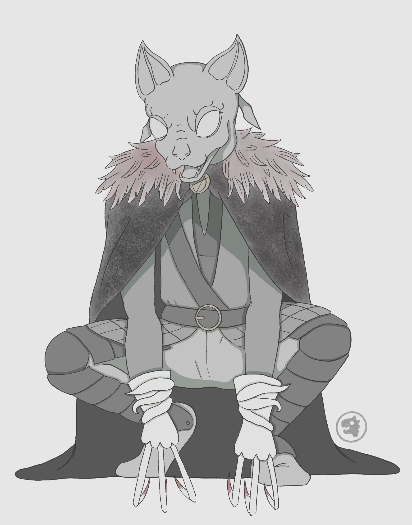 Greyscale image of squatting Elden Ring character