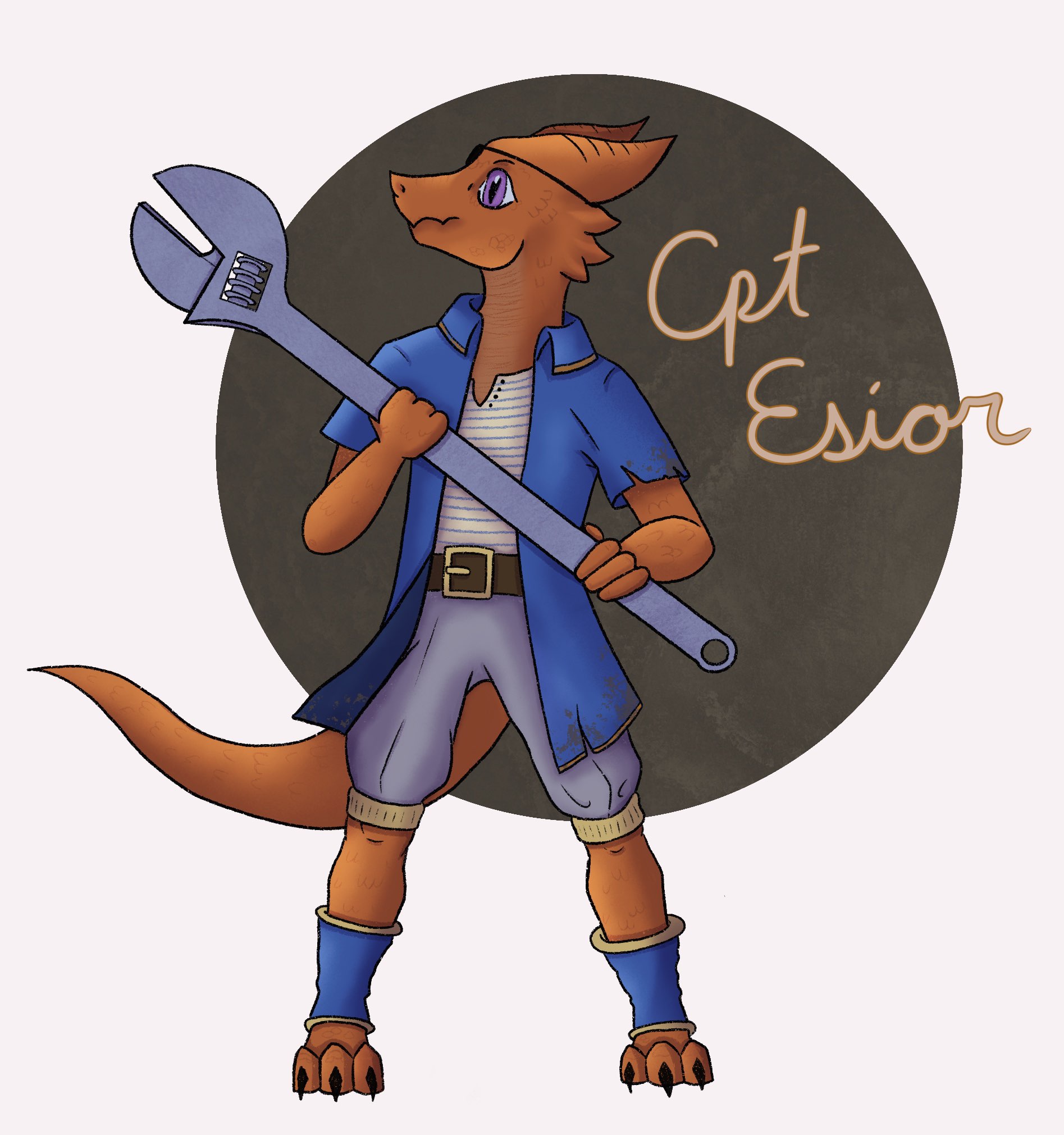 An orange kobold holding a large wrench