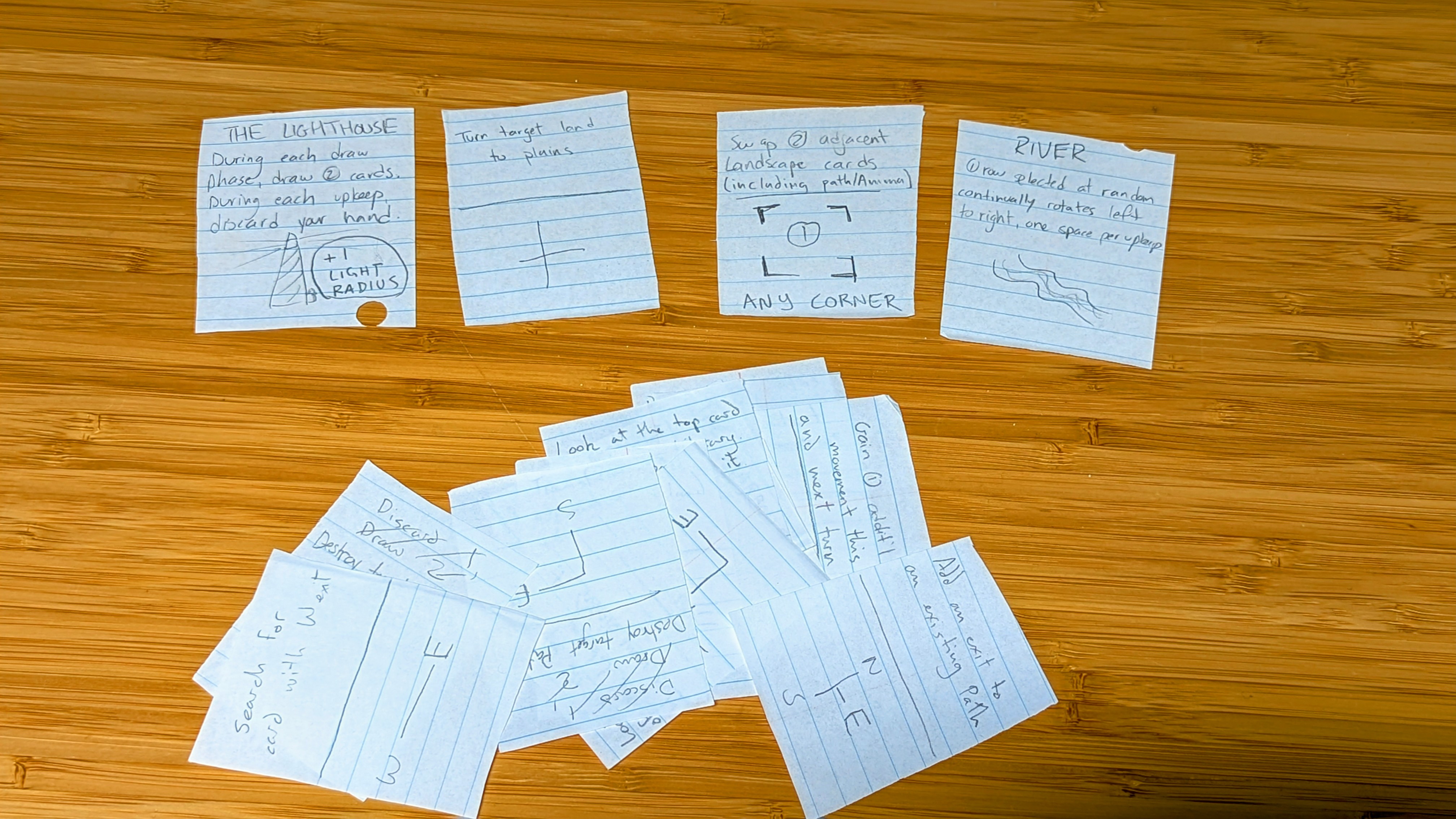 A photo of our first version of the cards, penciled in rules on loose leaf paper.