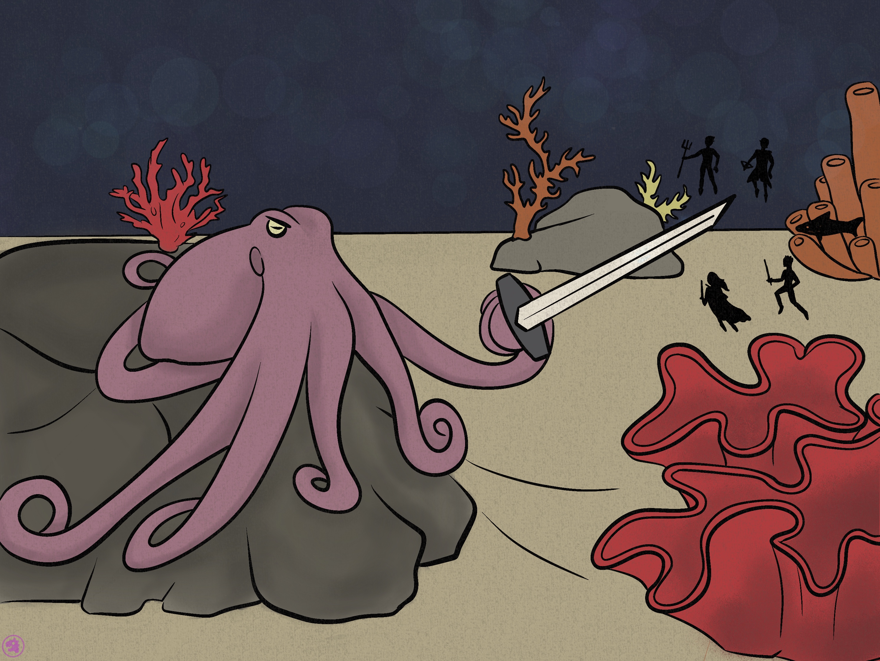 A giant pink octopus holding a sword, facing off 5 silhouettes of adventurers.