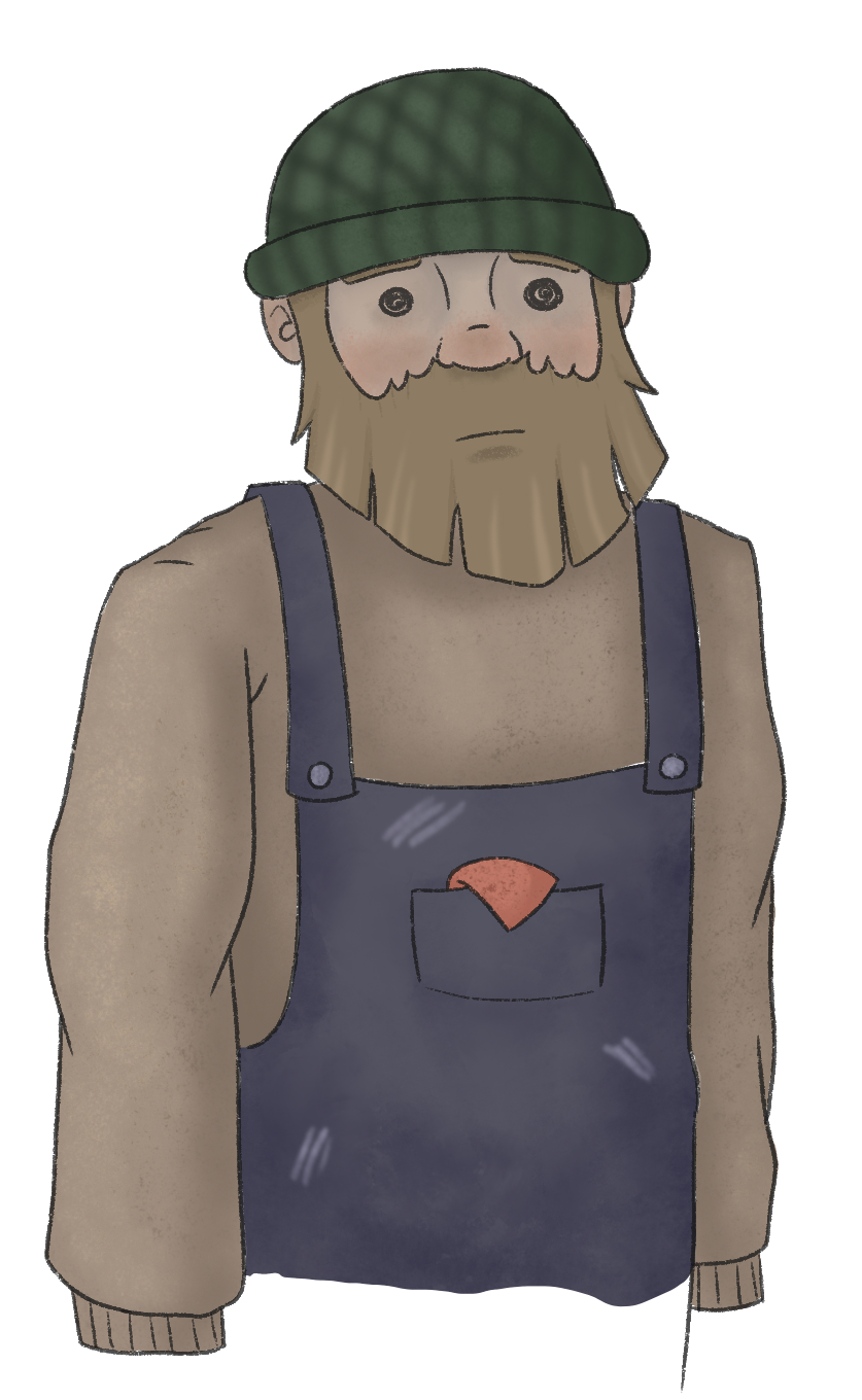 A fisherman wearing blue-grey overalls, a beige sweater and a green knit hat.