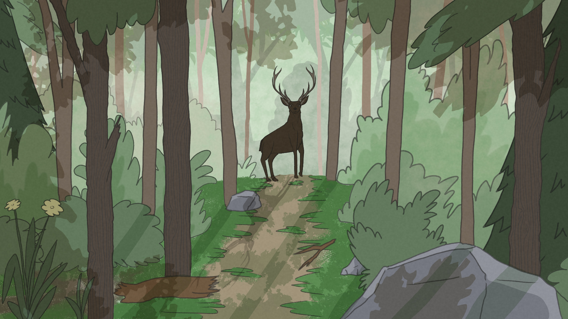 Stag on a path in the woods.