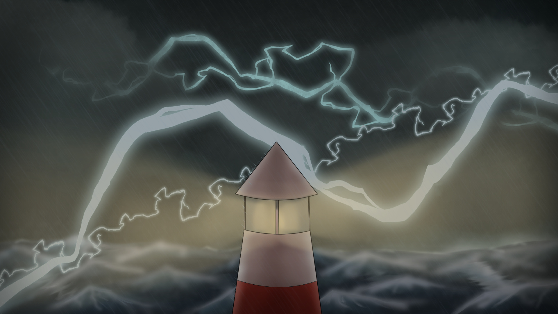 Top of a lighthouse looking out at rough waves. A large bolt of lightning moves between storm clouds.