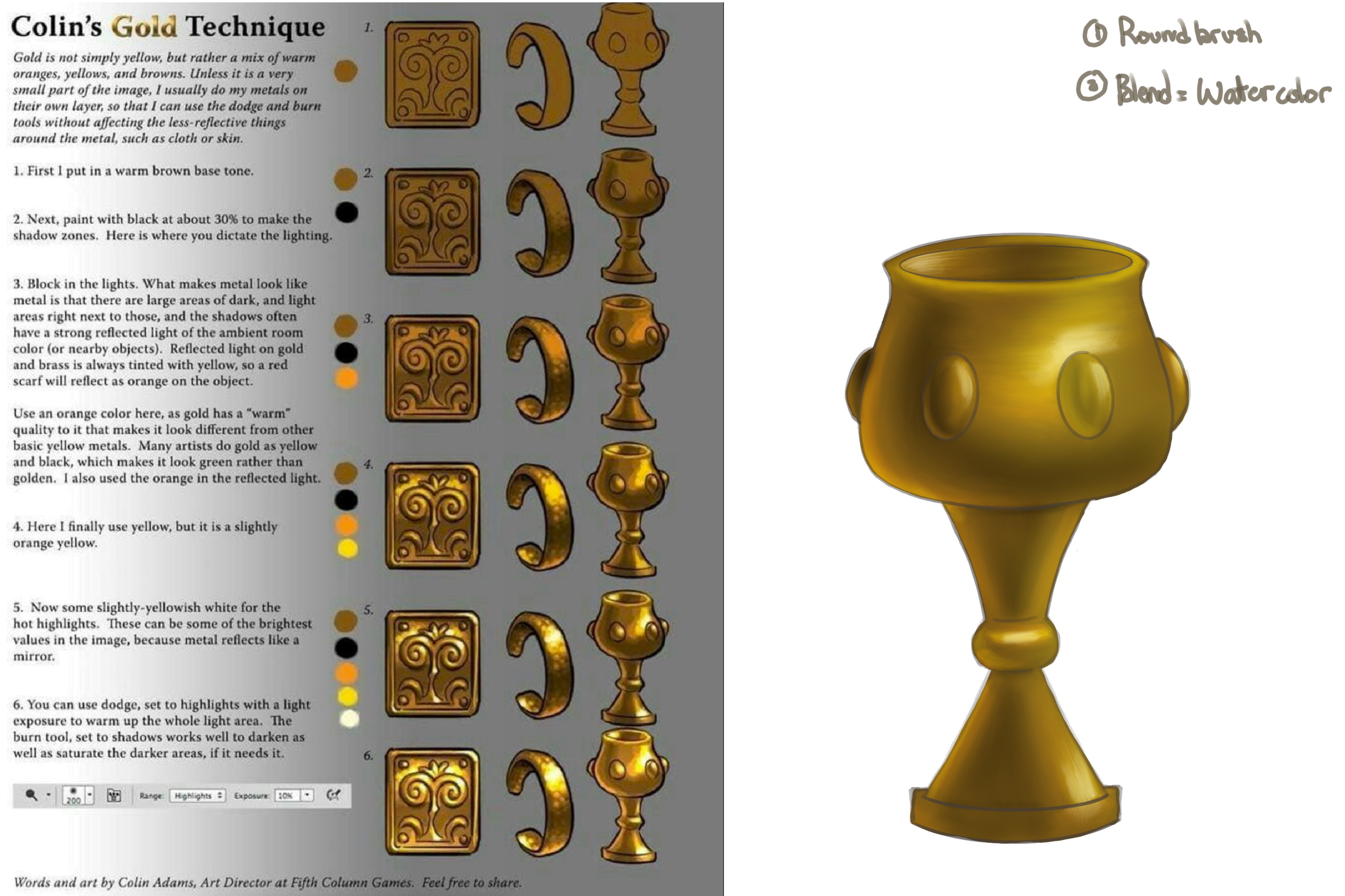 A step by step guide on how to paint gold next to a large golden chalice.