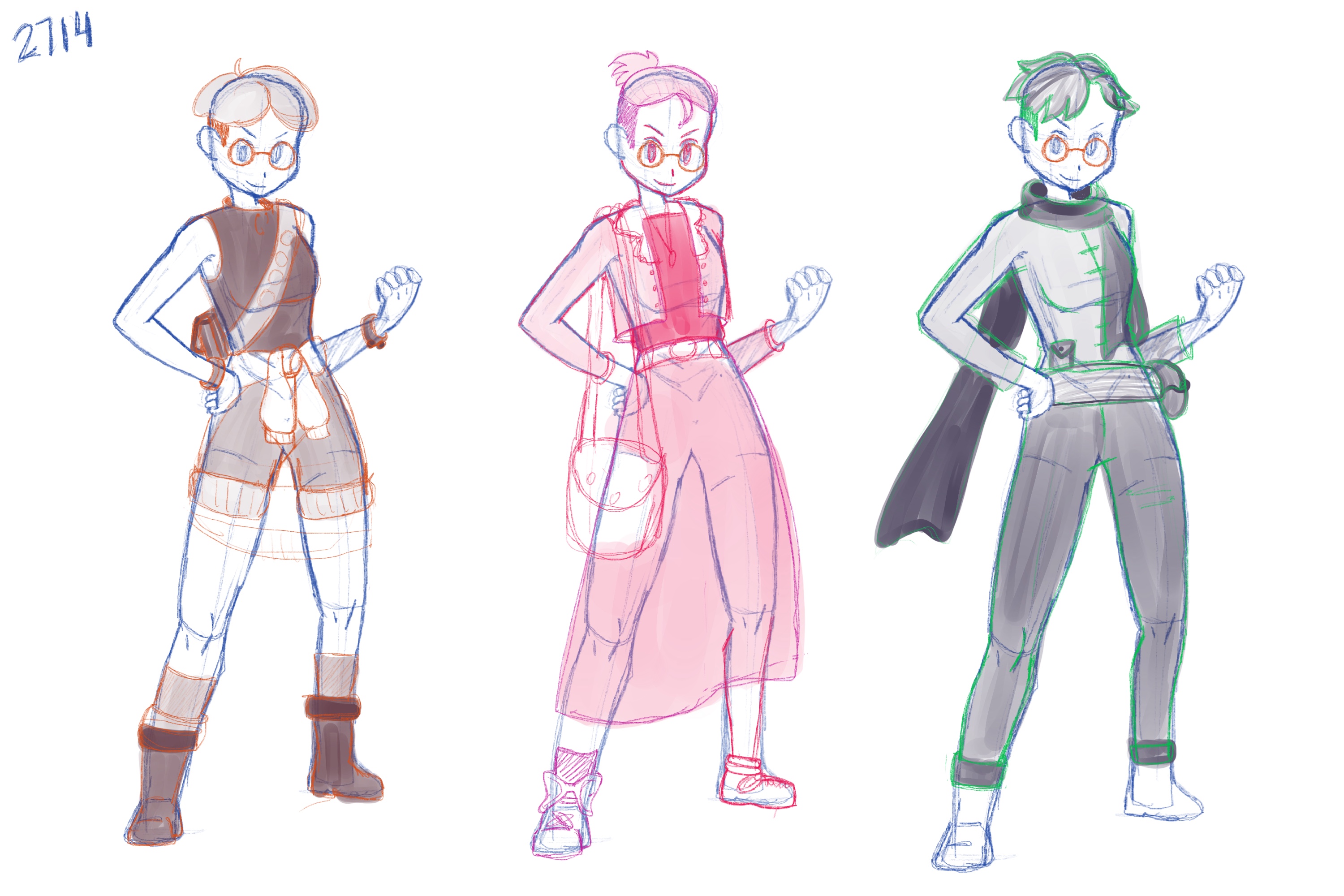 3 copies of the pose sketch, each with a different hair and clothing style.