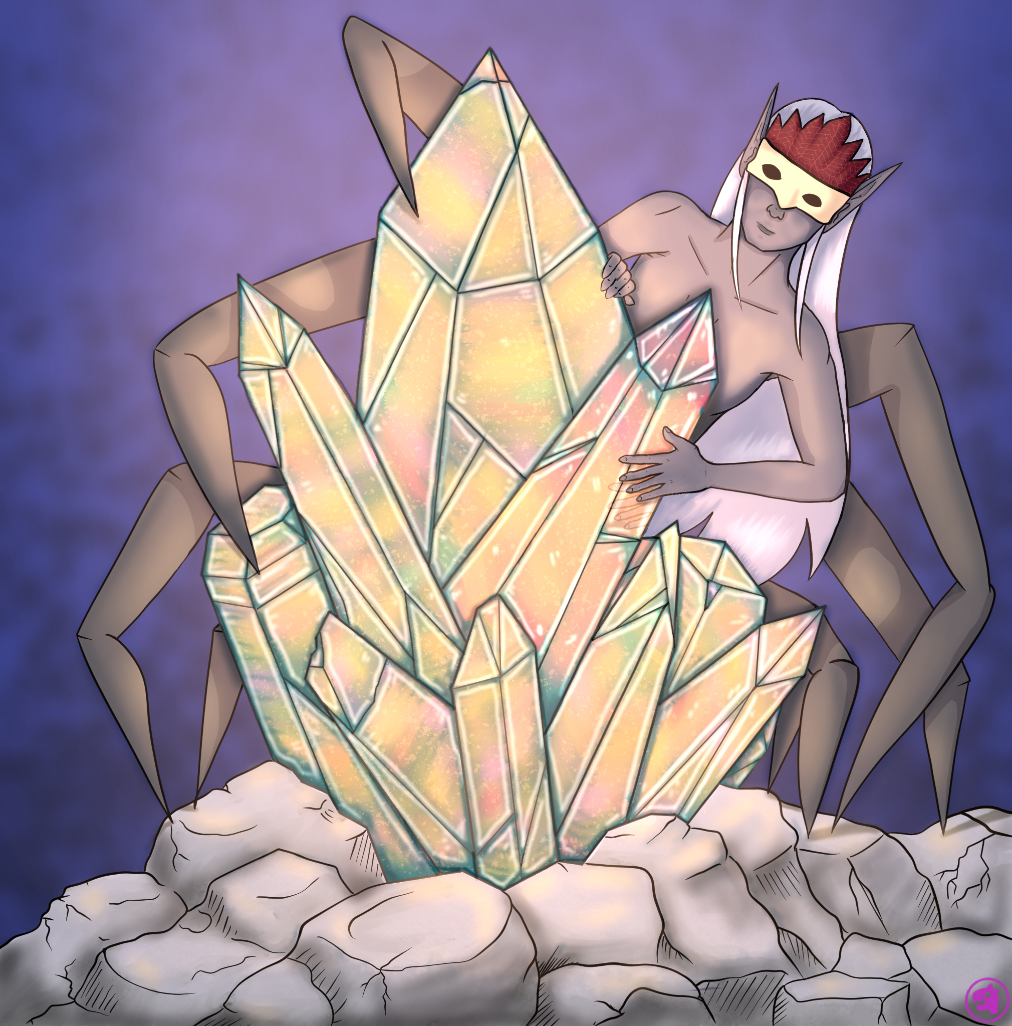 A drider hiding behind a large colourful crystal.